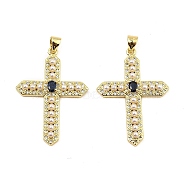 Rack Plating Brass Micro Pave Cubic Zirconia Pendants, with Plastic Pearl, Long-Lasting Plated, Lead Free & Cadmium Free, Cross, Real 18K Gold Plated, 35x24x4mm, Hole: 5x3.5mm(KK-D043-02G)