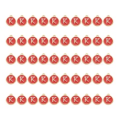 Golden Plated Alloy Charms, with Enamel, Enamelled Sequins, Flat Round, Red, Letter.J, 14x12x2mm, Hole: 1.5mm, 50pcs/Box(ENAM-SZ0001-25C-K)