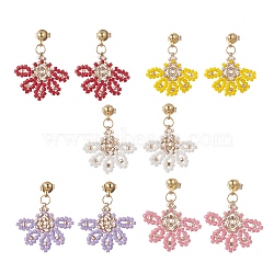 Glass Seed Braided Flower Dangle Stud Earrings, 304 Stainless Steel Jewelry for Women, Mixed Color, 25~26mm, Pin: 0.8mm(EJEW-MZ00048)