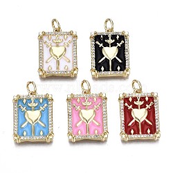 Brass Micro Pave Clear Cubic Zirconia Pendants, with Enamel and Jump Rings, Cadmium Free & Nickel Free & Lead Free, Real 16K Gold Plated, Rectangle with Heart & Sword, Mixed Color, 19.5x14.5x3mm, Jump Ring: 5x1mm, 3mm inner diameter(ZIRC-S067-012-NR)
