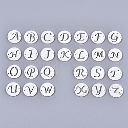 Natural Freshwater Shell Links Connectors, Flat Round with Letter, Random Mixed Letters, 14.5x1.5mm, Hole: 0.9mm(SHEL-S276-120)
