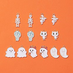 14Pcs 7 Style Alloy Enamel Pendants, Halloween, Cat & Ghost & Mummy & Skeleton & Ghost with Horn & Pumpkin, Mixed Color, 19~26x10~18x1~2.5mm, Hole: 1.5~2mm, 2pcs/style(ENAM-FS0001-28)