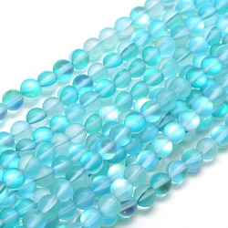 Synthetic Moonstone Beads Strands, Holographic Beads, Half AB Color Plated, Frosted, Round, Cyan, 8mm, Hole: 1mm, about 46pcs/strand, 15 inch(X-G-F142-8mm-03)