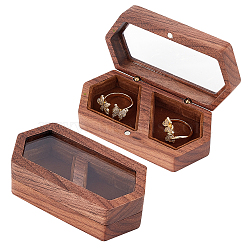 2-Slot Wooden Couple Rings Storage Boxes, Clear Window Wedding Ring Case, with Magnetic Clasps and Velvet Inside, Hexagon, Coconut Brown, 9.6x5x2.95cm, Inner Diameter: 45x35mm(CON-WH0087-42B)