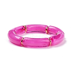 Acrylic Tube Beaded Stretch Bracelets, with Brass Beads, Hot Pink, Inner Diameter: 2-1/8 inch(5.5cm)(X-BJEW-JB07774-01)