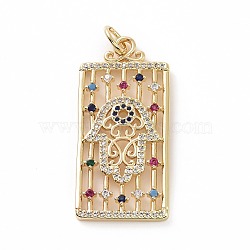 Brass Micro Pave Colorful Cubic Zirconia Pendants, Real 18K Gold Plated, with Jump Ring, Rectangle Charms, Hamsa Hand/Hand of Fatima/Hand of Miriam, 40.5x19x2mm, Jump Ring: 7x1mm, Inner Diameter: 5mm(KK-E068-VF024)