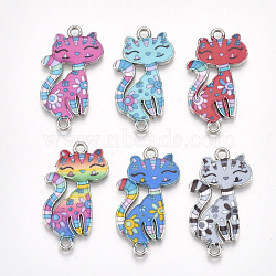 Printed Alloy Kitten Links connectors, with Enamel, Cartoon Cat, Platinum, Mixed Color, 29.5x16.5x2mm, Hole: 1.8mm(PALLOY-S118-14)