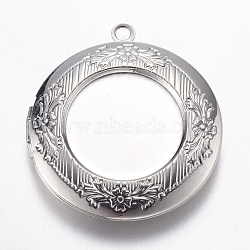 Brass Locket Pendants, Flat Round with Flower, Platinum, 32.5x6mm, Hole: 2mm(KK-N0116-076P)