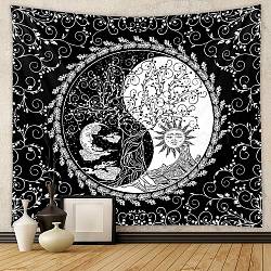 Sun and Moon Polyester Wall Hanging Tapestry, Yin Yang & Tree of Life Tapestry for Bedroom Living Room Decoration, Rectangle, Black, 1300x1500mm(SNAK-PW0001-45B-01)