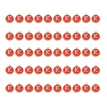 Golden Plated Alloy Charms, with Enamel, Enamelled Sequins, Flat Round, Red, Letter.J, 14x12x2mm, Hole: 1.5mm, 50pcs/Box