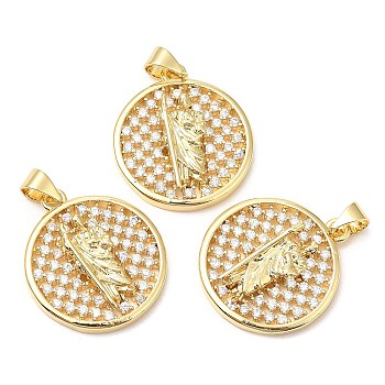 Rack Plating Brass Micro Pave Cubic Zirconia Pendants, Long-Lasting Plated, Lead Free & Cadmium Free, Flat Round with Saint, Real 18K Gold Plated, 22.5x20x4mm, Hole: 4.5x3.5mm