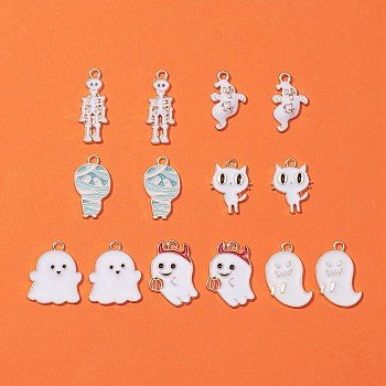 14Pcs 7 Style Alloy Enamel Pendants, Halloween, Cat & Ghost & Mummy & Skeleton & Ghost with Horn & Pumpkin, Mixed Color, 19~26x10~18x1~2.5mm, Hole: 1.5~2mm, 2pcs/style