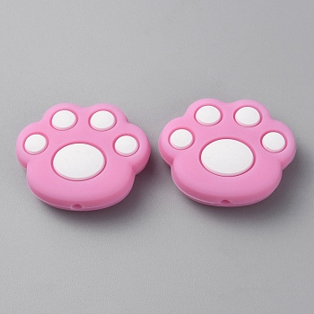 Paw Print Food Grade Eco-Friendly Silicone Focal Beads, Hot Pink, 23.5x28.5x9mm, Hole: 3mm