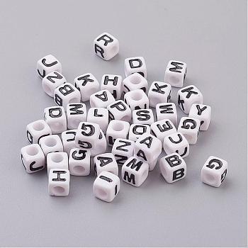 Acrylic Horizontal Hole Letter Beads, Random Mixed Letters, Cube, White, about 7mm wide, 7mm long, 7mm high, hole: 3.5mm, about 2000pcs/500g