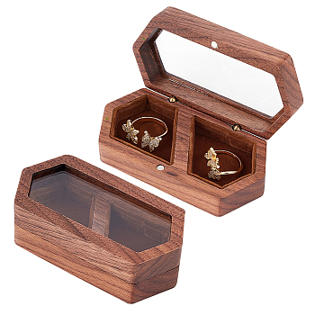 2-Slot Wooden Couple Rings Storage Boxes, Clear Window Wedding Ring Case, with Magnetic Clasps and Velvet Inside, Hexagon, Coconut Brown, 9.6x5x2.95cm, Inner Diameter: 45x35mm