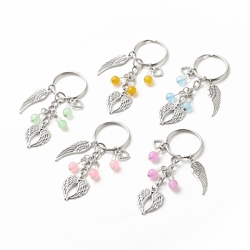 Natural & Dyed Malaysia Jade Keychain, with Tibetan Style Alloy Pendants and Iron Split Key Rings, Wing & Feather & Heart, Antique Silver, 7.2cm