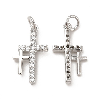 Brass Micro Pave Cubic Zirconia Pendants, with Jump Ring, Religion Cross Charm, Platinum, 20.5x11.5x3mm, Hole: 3.3mm