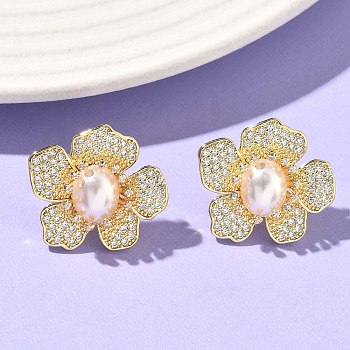 Flower Brass Micro Pave Clear Cubic Zirconia Stud Earrings, with ABS Imitation Pearl, Long-Lasting Plated, Cadmium Free & Lead Free, Real 18K Gold Plated, 21x23.5mm