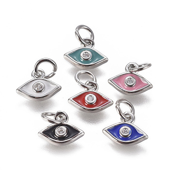 Brass Micro Pave Cubic Zirconia Pendants, with Enamel, Evil Eye, Platinum, Mixed Color, 8x10x2mm, Hole: 3mm