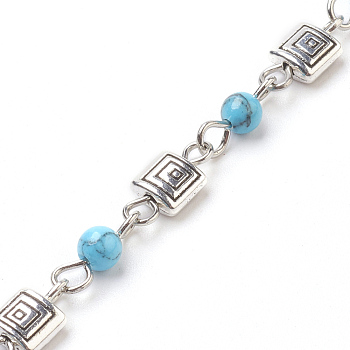 Handmade Synthetic Turquoise Beaded Chains, Unwelded, with Iron Needle and Alloy Finding, Antique Silver & Platinum, 4~5mm, 39.37 inch, 1m/strand