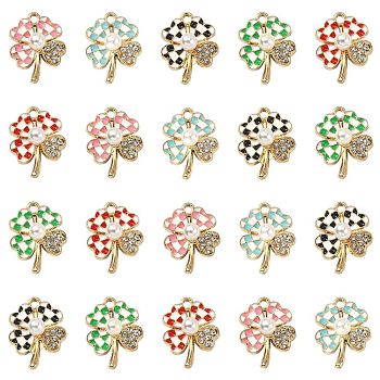 25Pcs 5 Colors Alloy Enamel Pendants, with Rhinestone and ABS Plastic Imitation Pearl Beads, Clover with Tartan Pattern, Mixed Color, 21x16x6mm, Hole: 1.8mm, 5pcs/color