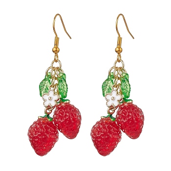 Red Glass Dangle Earrings, Cluster Earrings, Strawberry, 55x12.5mm