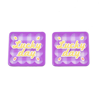 Transparent Printed Acrylic Cabochons, Square with Word Lucky Day, Medium Orchid, 33.5x33.5x2mm