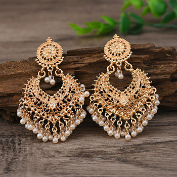 Bohemian Ethnic Style Alloy Chandelier Earrings, Flat Round with Teardrop, Golden, 75x50mm