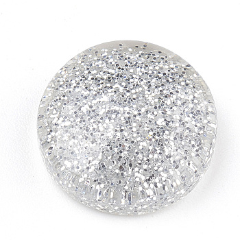 Resin Cabochons, with Glitter Powder, Flat Round, Silver, 13.5~14x4~6mm