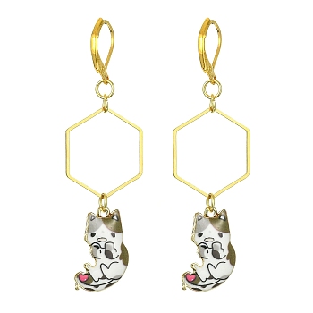Rack Plating Alloy Cat Dangle Leverback Dangle Earrings, Golden Brass Long Drop Earrings, White, 66x19.5mm