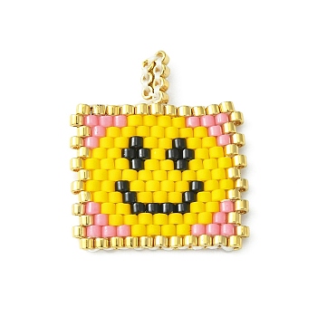 Handmade MIYUKI Japanese Seed Loom Pattern Seed Beads, Rectangle with Smiling Face Pendants, Pink, 24x20.5x2mm, Hole: 2.5mm
