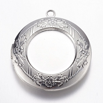 Brass Locket Pendants, Flat Round with Flower, Platinum, 32.5x6mm, Hole: 2mm