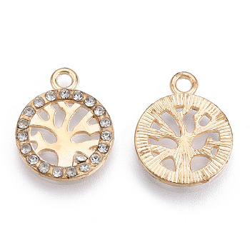 Alloy Pendants, with Crystal Rhinestone, Cadmium Free & Lead Free, Flat Round with Tree, Light Gold, 17.5x14x2mm, Hole: 1.8mm