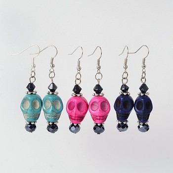 Halloween Synthetic Howlite Skull Dangle Earrings, with Glass Beads and Brass Earring Hooks, Mixed Color, 58mm, Pin: 0.7mm