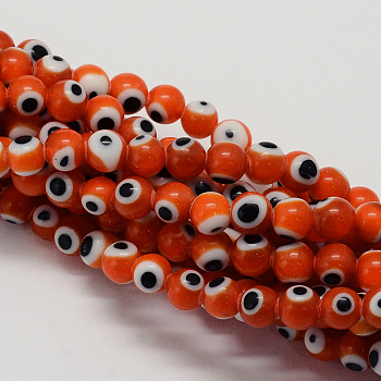 Handmade Evil Eye Lampwork Round Bead Strands, Orange, 8mm, Hole: 1mm, about 49pcs/strand, 14.17 inch