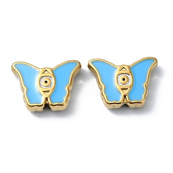 Ion Plating(IP) 304 Stainless Steel Enamel Beads, Real 18K Gold Plated, Butterfly, Light Sky Blue, 10x13.5x3.5mm, Hole: 1.4mm