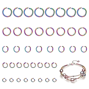 250Pcs 5 Styles 304 Stainless Steel Open Jump Rings, Round Ring, Rainbow Color, 20~22 Gauge, 3.5~10x0.6~1mm, Inner Diameter: 2.3~7mm, 50pcs/style