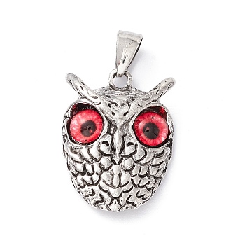 Retro Punk Alloy Pendants, with Glass, Owl with Evil Eye, Red, 26x18.5x6mm, Hole: 7.5x4mm