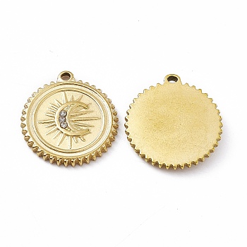 Vacuum Plating 201 Stainless Steel Pendants, with Rhinestone, Real 18K Gold Plated, Flat Round with Moon Charms, Crystal, 20x18.5x2.5mm, Hole: 1.4mm