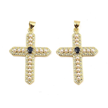 Rack Plating Brass Micro Pave Cubic Zirconia Pendants, with Plastic Pearl, Long-Lasting Plated, Lead Free & Cadmium Free, Cross, Real 18K Gold Plated, 35x24x4mm, Hole: 5x3.5mm