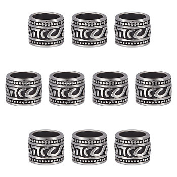 10Pcs Tibetan Style 304 Stainless Steel Spacer Beads, Large Hole Beads, Manual Polishing, Column, Antique Silver, 10.5x9mm, Hole: 8mm