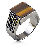 304 Stainless Steel with Natural Tiger Eye Finger Rings, Square, Antique Silver, US Size 11(20.6mm)(FS-WGC2D4C-10)