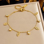 304 Stainless Steel & Rhinestone Charm Bracelets, Cable Chain Bracelets for Women, Leaf & Flat Round, Golden, 6.89 inch(17.5cm)(BJEW-B171-15G)