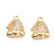 Christmas Theme Brass Pave Clear Cubic Zirconia Charms, Christmas Hat, Real 18K Gold Plated, 12x9.5x3mm, Hole: 1mm(KK-T073-05G)