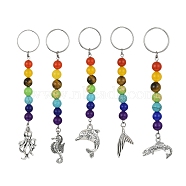 Marine Animal Alloy Keychains, with Chakra Natural & Synthetic Gemstone Beads and 304 Stainless Steel Keychain Ring, Mixed Shapes, Antique Silver & Stainless Steel Color, 100~113mm(HJEW-JM01369)