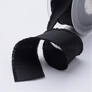 Polyester Frayed Grosgrain Ribbons, Printed, with Fringe Tassel, Black, 5/8 inch(16mm), about 50yards/roll(45.72m/roll)(ORIB-N0002-16mm-08)