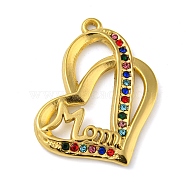 Ion Plating(IP) Real 18K Gold Plated 304 Stainless Steel Rhinestone Pendants, Heart with Word Mom Charms, for Mother's Day, Colorful, 28x24x2.5mm, Hole: 1.5mm(STAS-P341-10G-02)