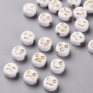 Opaque White Acrylic Beads, Metal Enlaced, Flat Round with Expression, Golden Plated, 7x4mm, Hole: 1.6mm, about 3650pcs/500g(MACR-N008-42-B01)