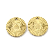 304 Stainless Steel Charms, Flat Round with Heart Charm, Real 14K Gold Plated, 7.5x0.5mm, Hole: 0.8mm(STAS-P356-10G)