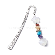 Chakra Gemstone Chip Beaded Pendant Bookmark with Glitter Acrylic Star & Heart, Flower Pattern Tibetan Style Alloy Hook Bookmarks, Colorful, 124x21x2.5mm(AJEW-JK00257)
